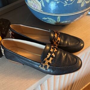 Johnston & Murphy Black Leather Loafers with Leopard Trim
